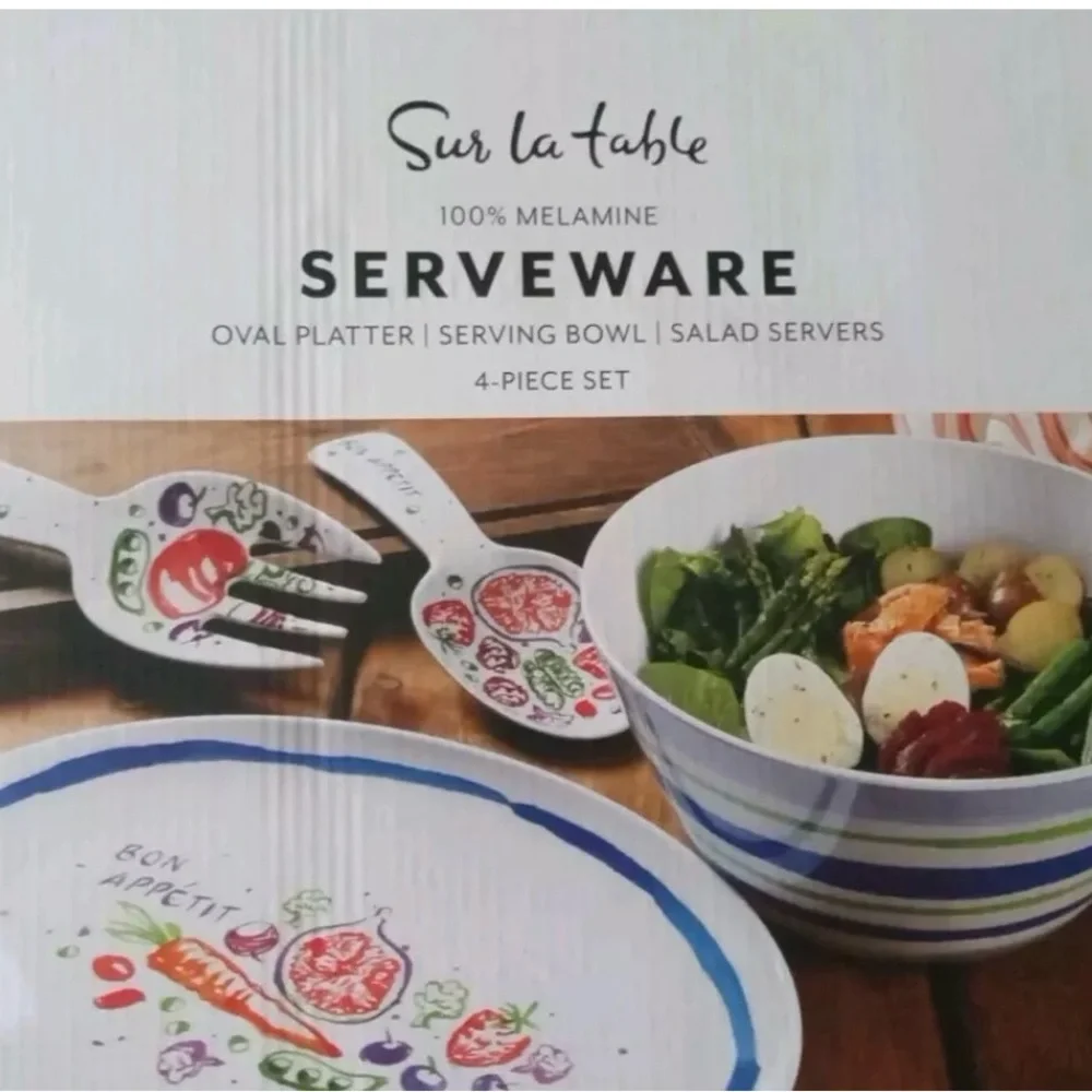 NIB Sur la Table Melamine 4-piece Serving Set w/ Platter, Salad Bowl & Utensils